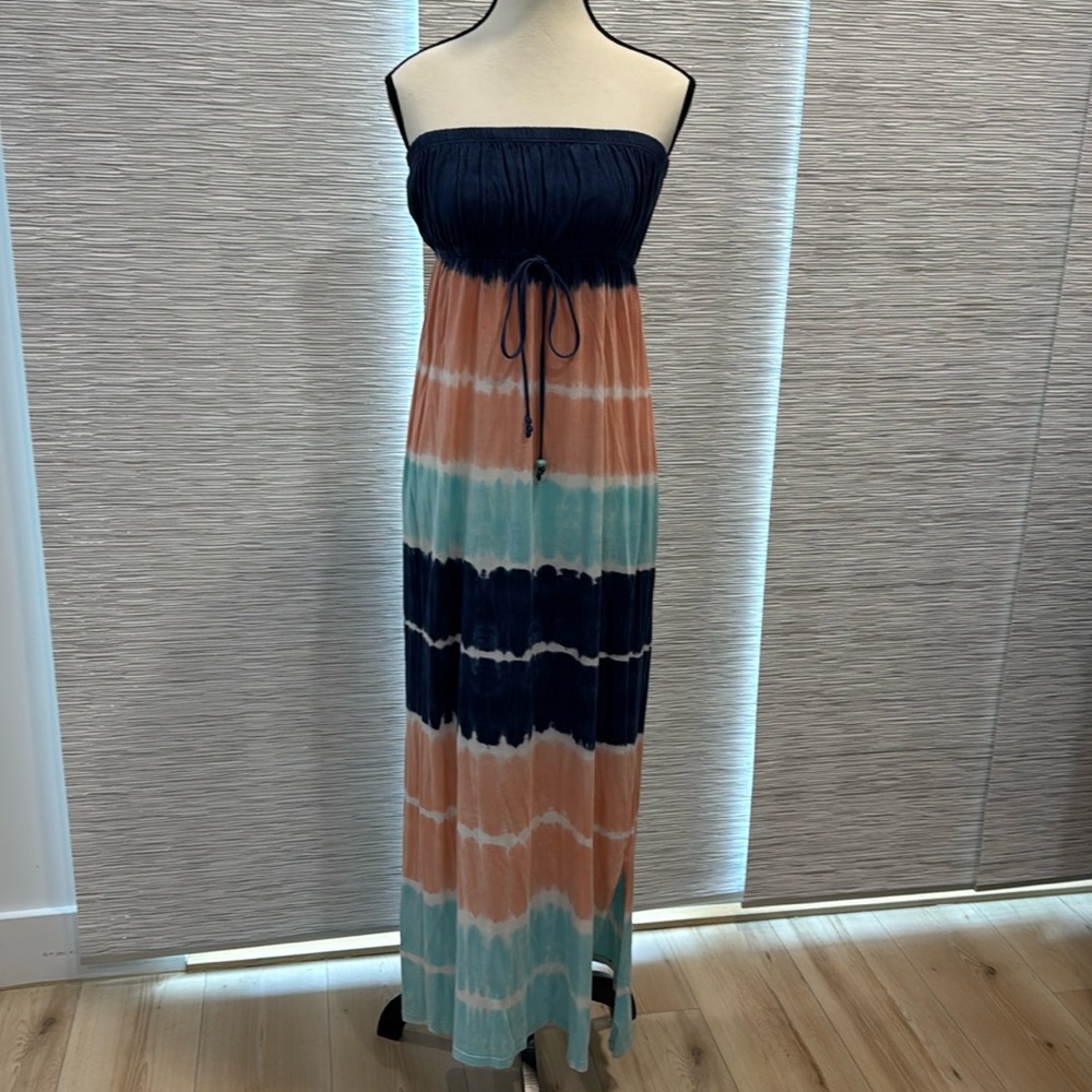 C&C California Woman’s Strapless Maxi Dress Blue Turquoise Peach Tie-Dye Size M